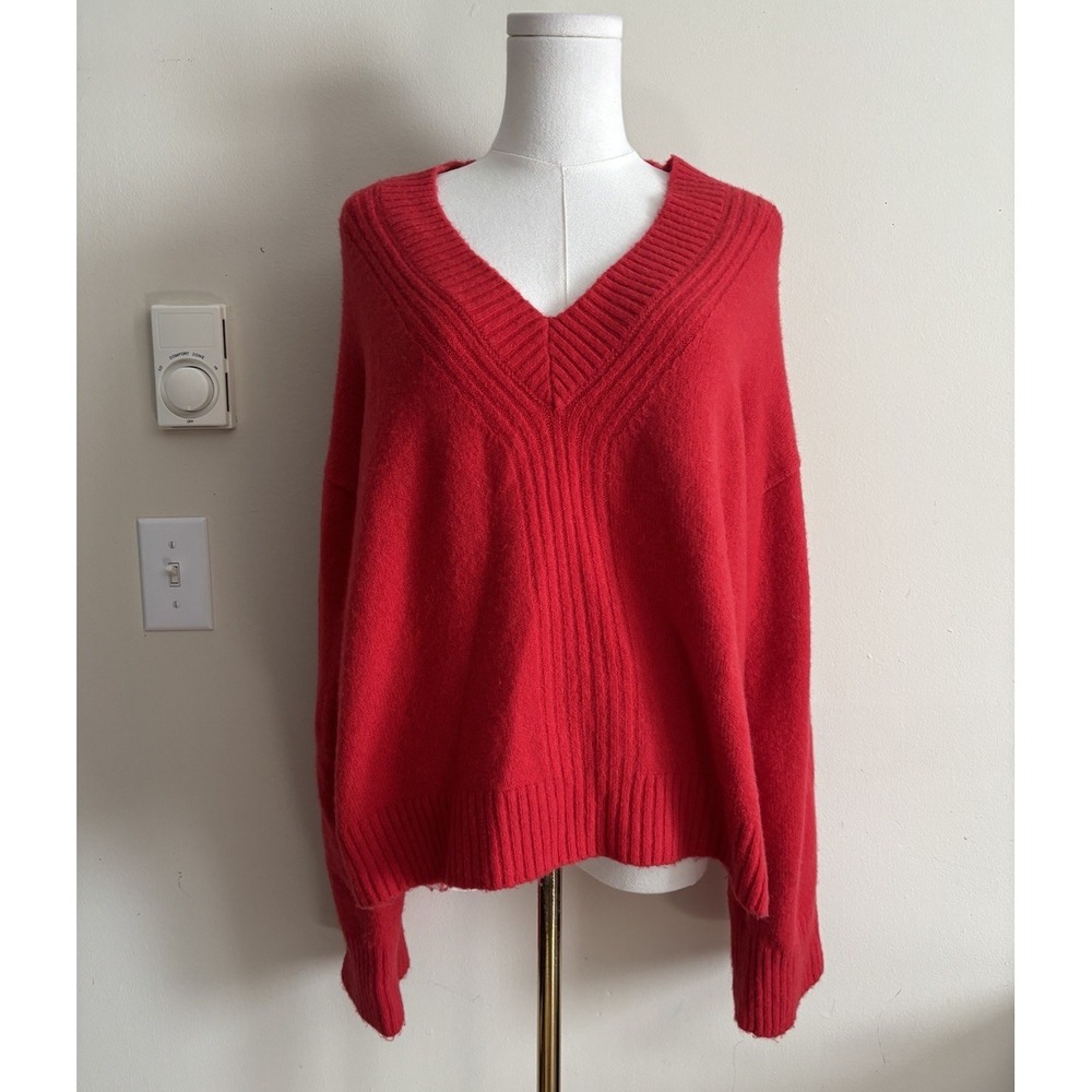 J Crew Womens Medium Large Alpaca Wool V Neck Sweater Red Oversized Preppy Soft